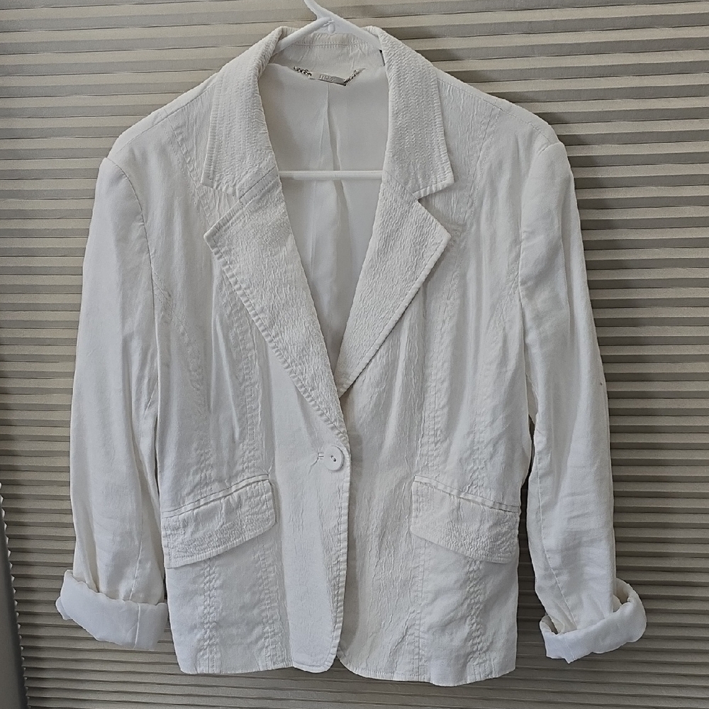 White Women's Textured Linen Single-Button Blazer Jacket Size 16